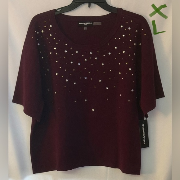 Karl Lagerfeld Tops - Karl Lagerfeld Dark Red Embellished Short Sleeve Top